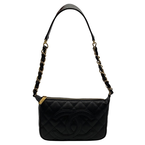CHANEL BLACK / GOLD HARDWARE CC LOGO QUILTED CAVIAR LEATHER TIMELESS POCHETTE SH - Picture 11 of 16